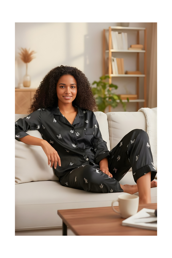 סט פיג׳מה פרפרים סאטן לנשים