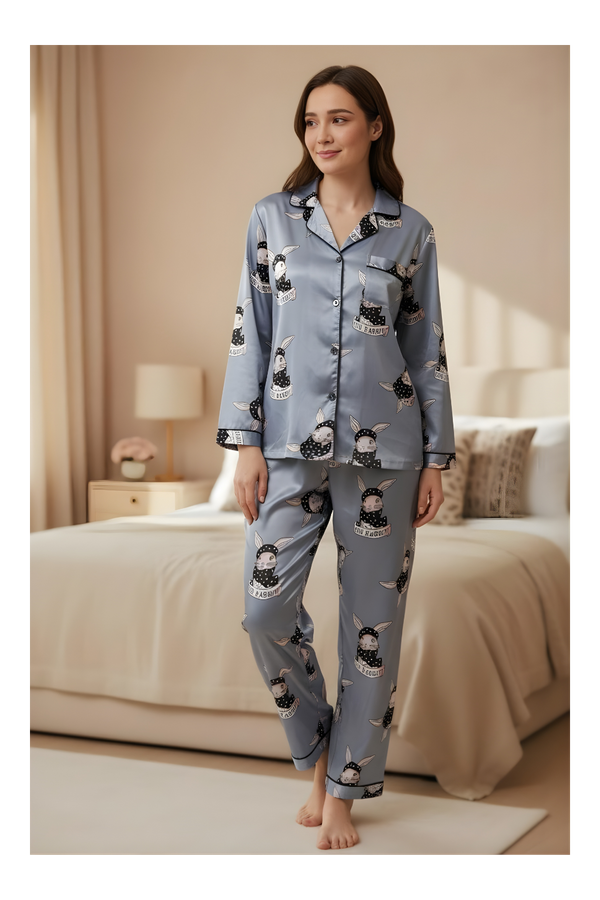 סט פיג׳מה ארנבים סאטן לנשים