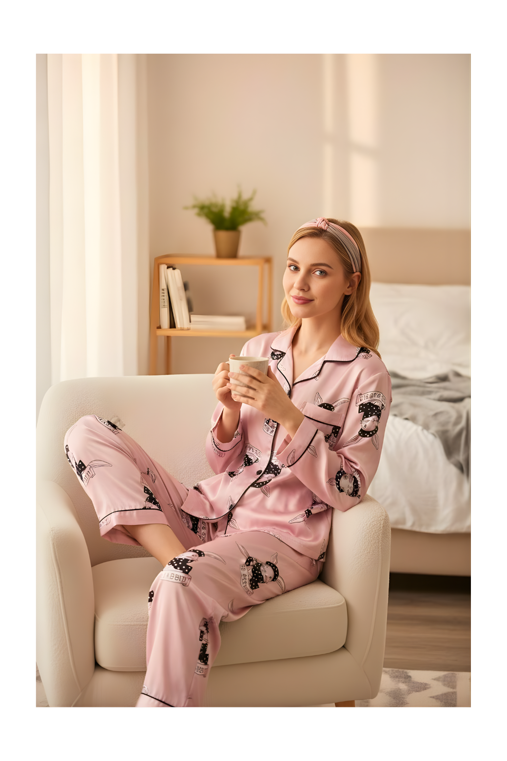 סט פיג׳מה ארנבים סאטן לנשים