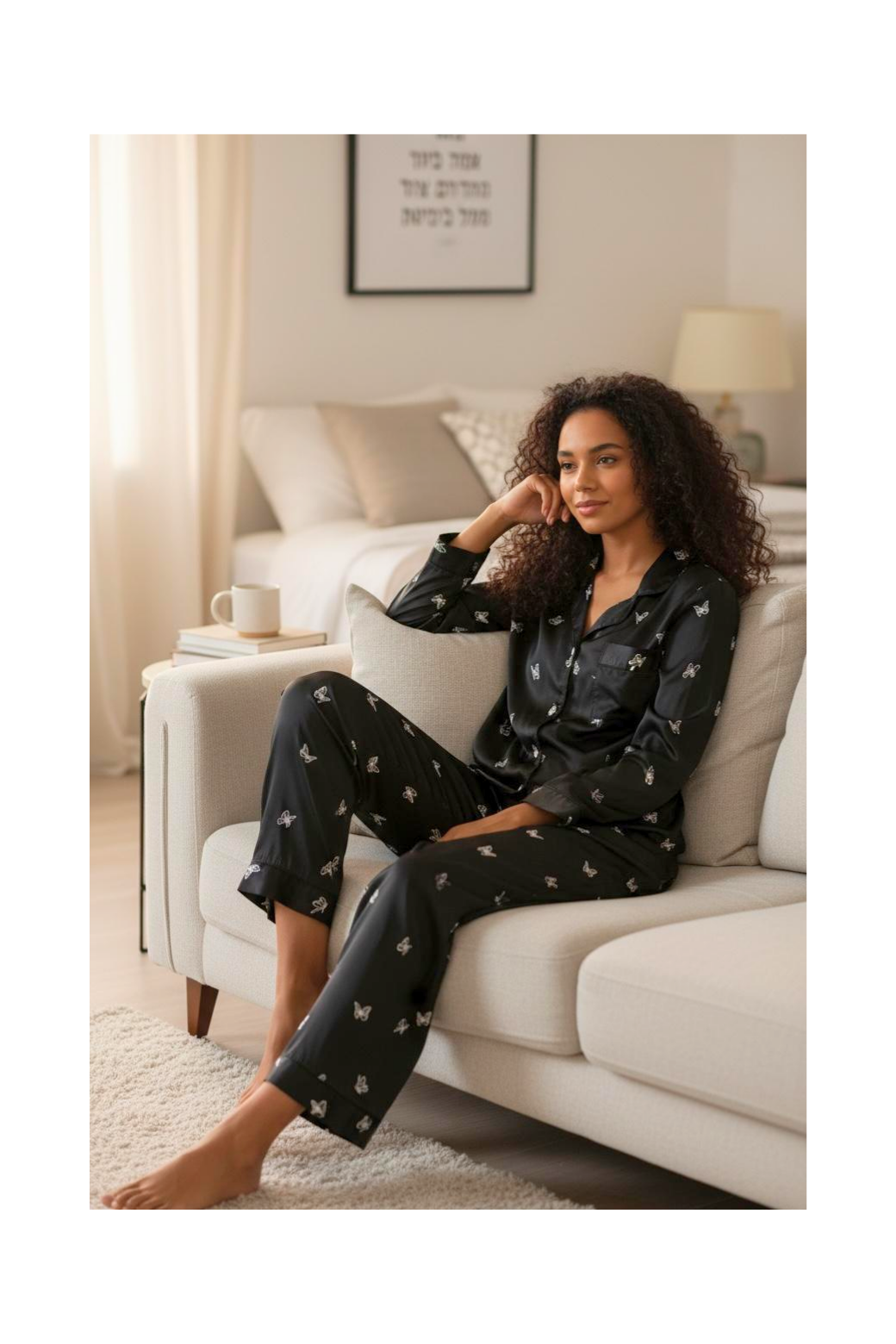 סט פיג׳מה פרפרים סאטן לנשים