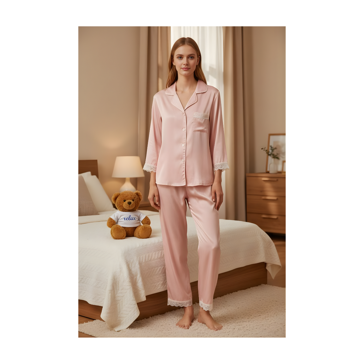 סט פיג׳מה סאטן יוקרתי לנשים