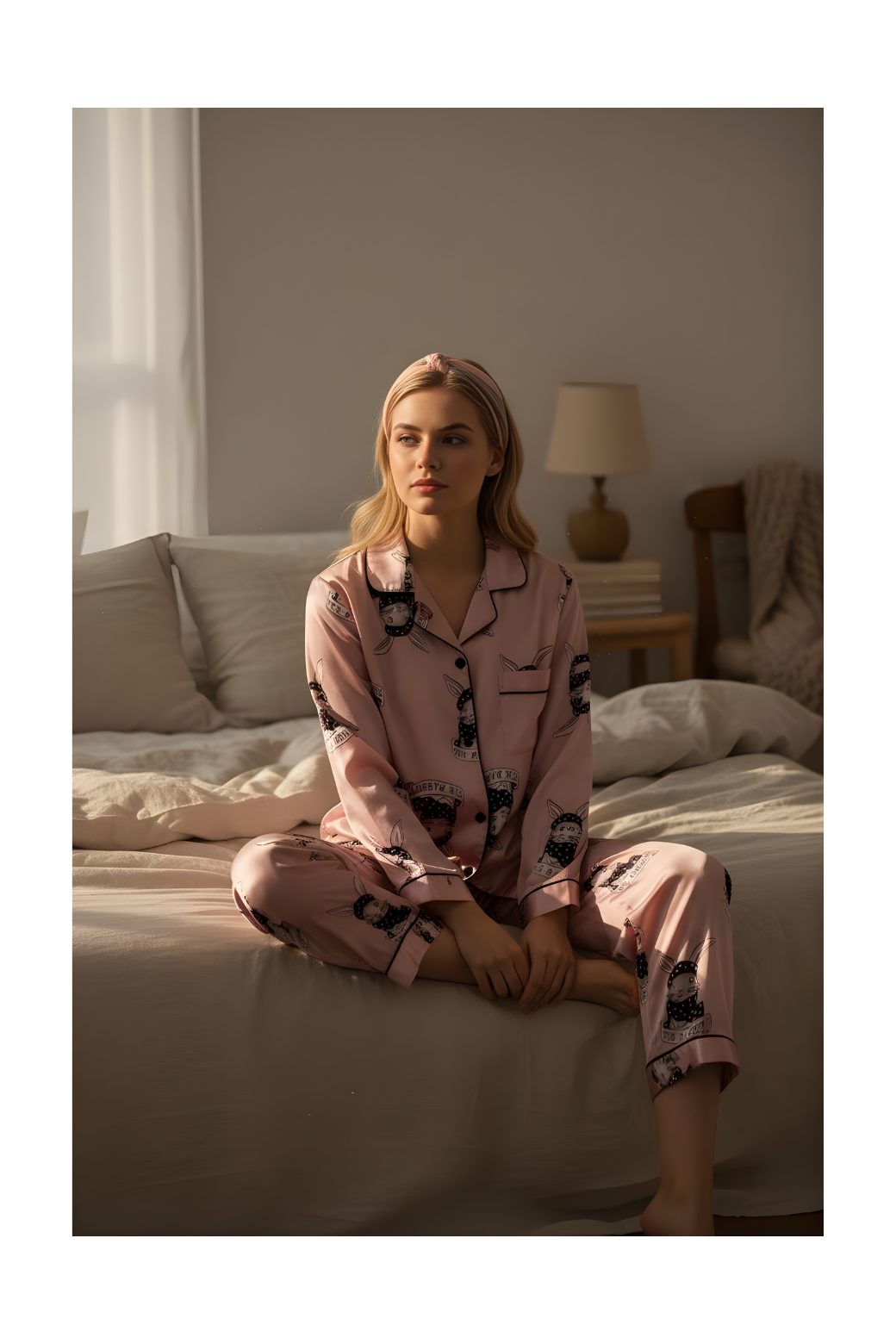 סט פיג׳מה ארנבים סאטן לנשים